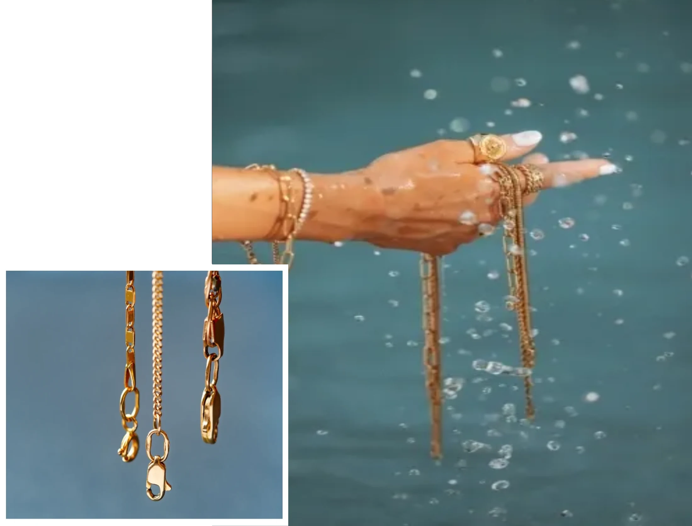 Elegant gold bracelets and necklaces with intricate designs.